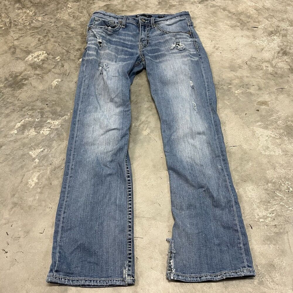 Buckle BKE Jake Jeans Mens 32x32 Straight Leg Blue Stretch Denim Distressed READ